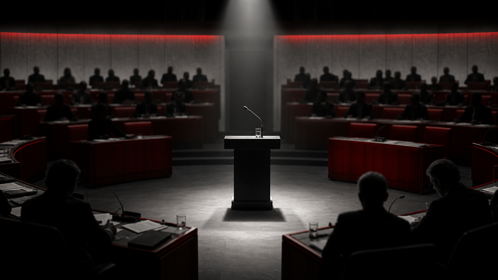 AI-foto van een donker parlementair debat met lege spreekstoel onder spotlicht, als beeld voor een vastgelopen Europese begrotingsonderhandeling.