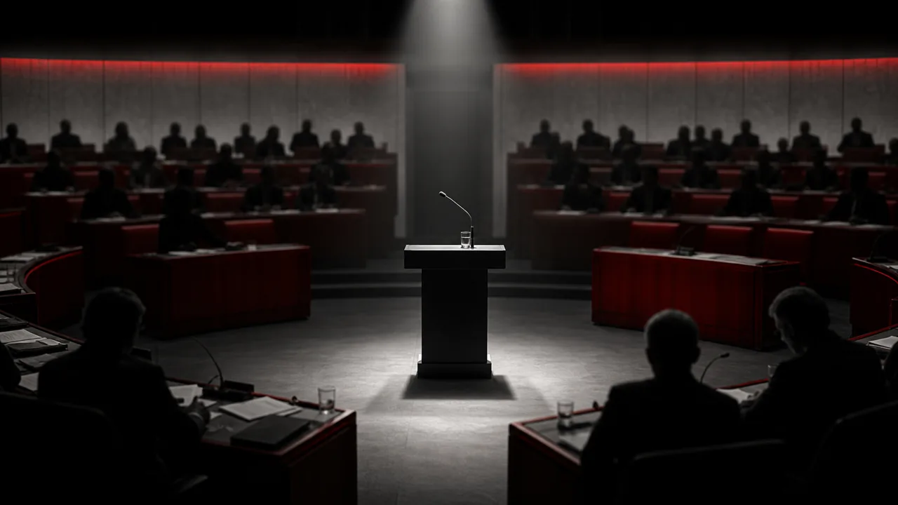 AI-foto van een donker parlementair debat met lege spreekstoel onder spotlicht, als beeld voor een vastgelopen Europese begrotingsonderhandeling.