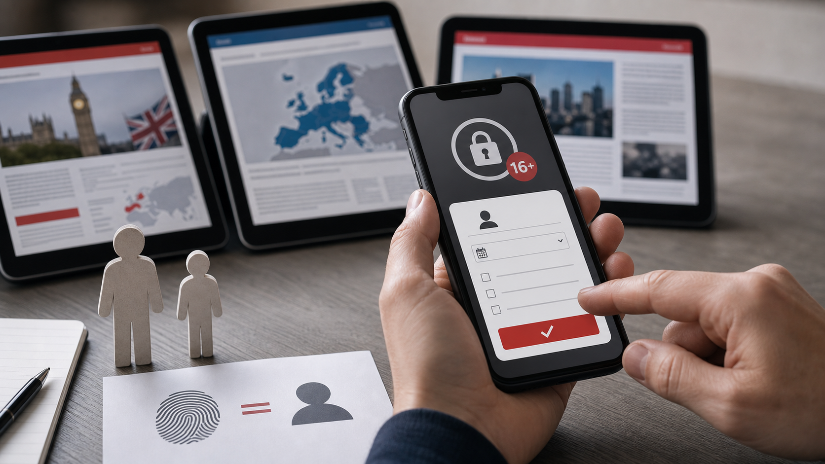 AI-illustratie van een smartphone met leeftijdscontrole en privacy-symbolen.