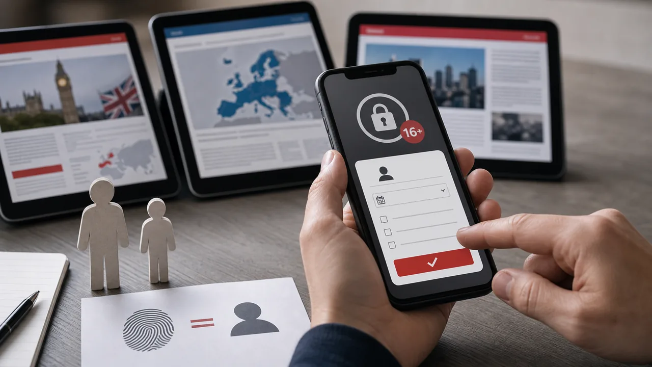 AI-illustratie van een smartphone met leeftijdscontrole en privacy-symbolen.