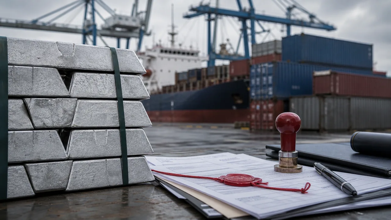 AI-illustratie van aluminium, havenlogistiek en een inspectiezegel rond sancties.