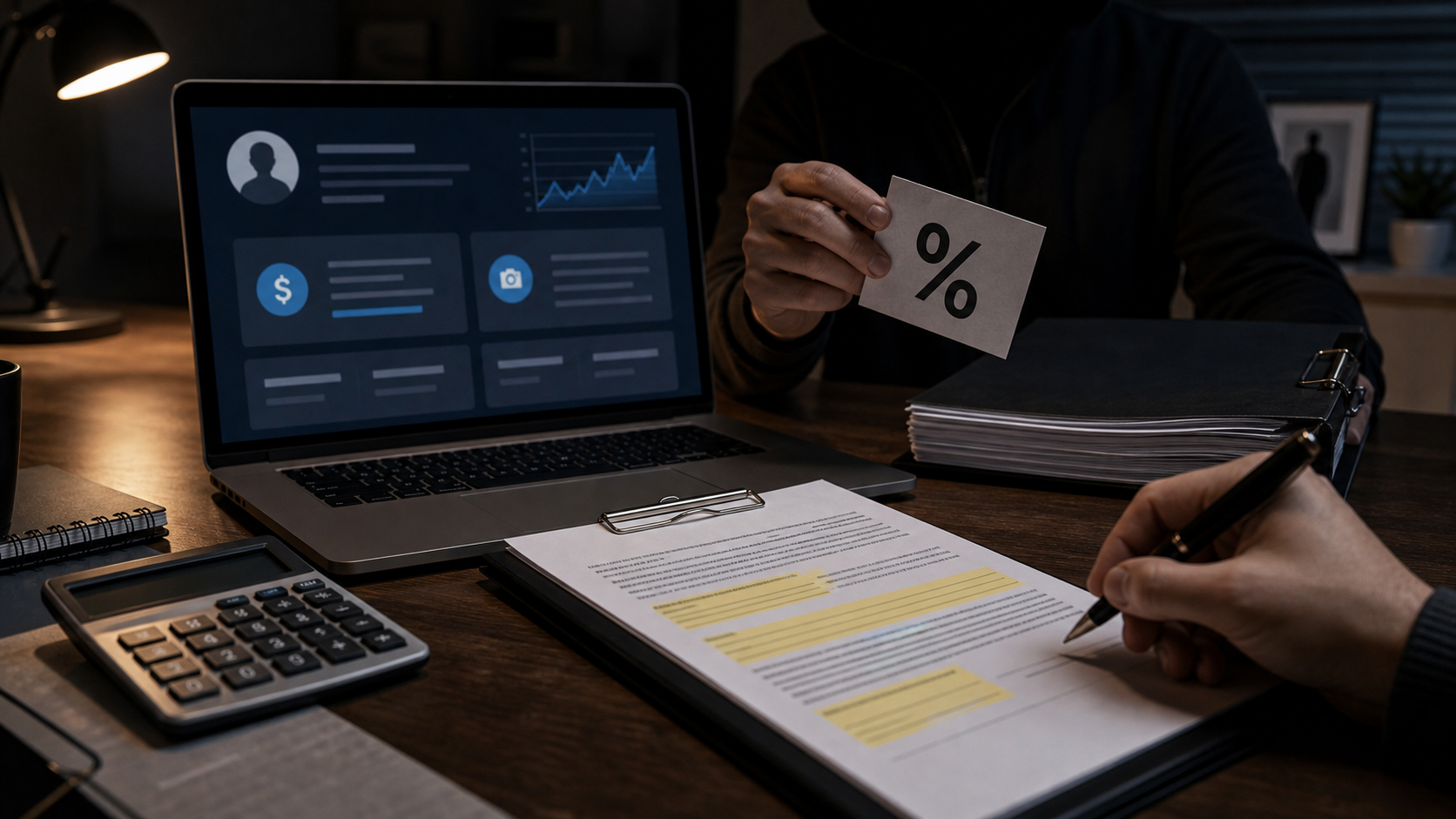 AI-illustratie van een creator-dashboard, contract en percentagebriefje op een bureau.