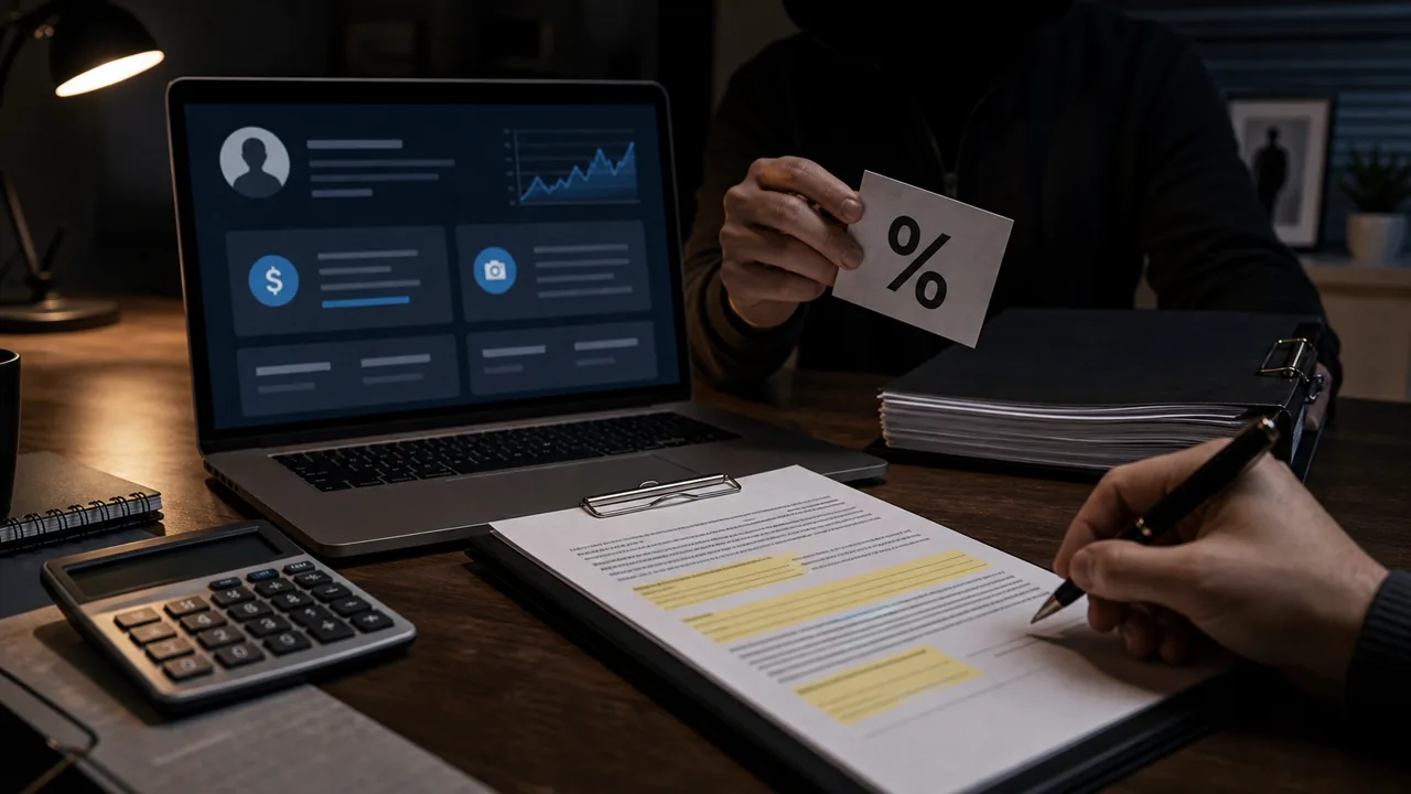 AI-illustratie van een creator-dashboard, contract en percentagebriefje op een bureau.