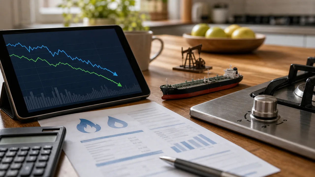 AI-illustratie van een energierekening, gasfornuis en dalende grafiek na geopolitiek nieuws.