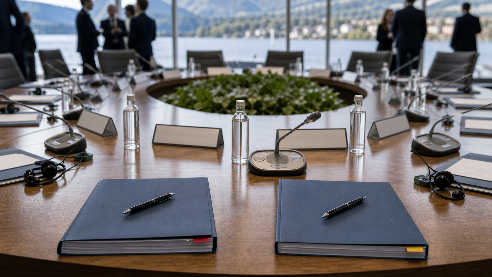 AI-illustratie van een internationale vergadertafel met dossiers en lege stoelen.