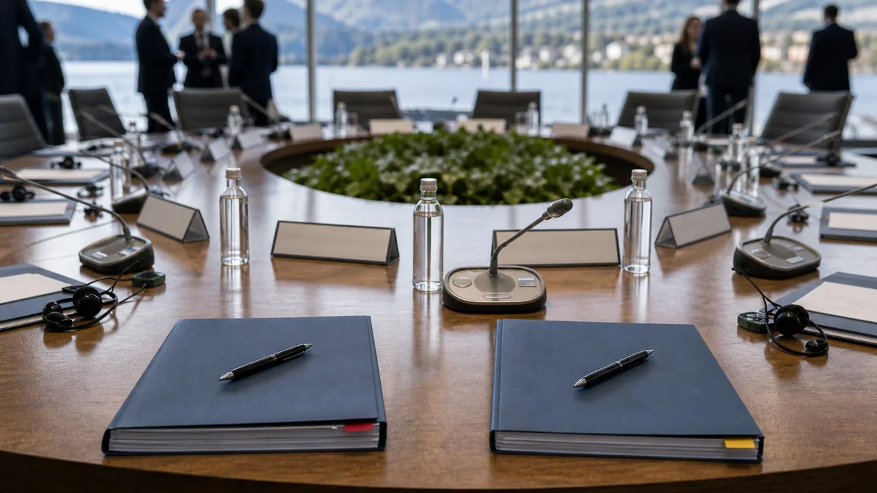 AI-illustratie van een internationale vergadertafel met dossiers en lege stoelen.