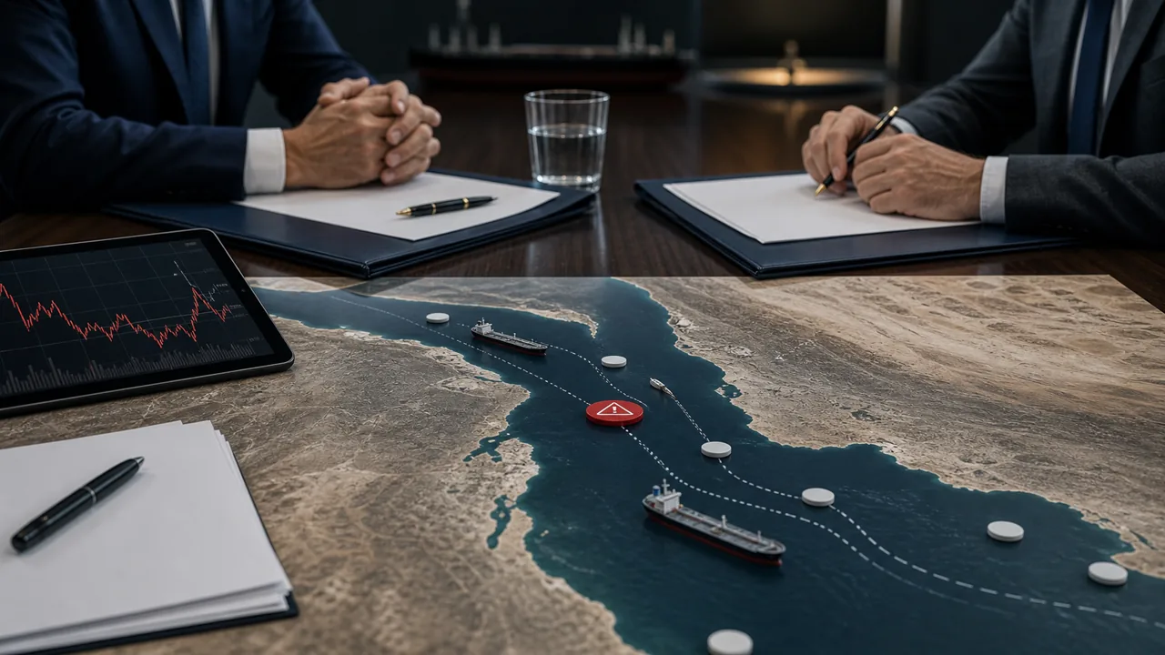 AI-illustratie van diplomatieke documenten, een scheepvaartroute en olieprijsgrafieken.