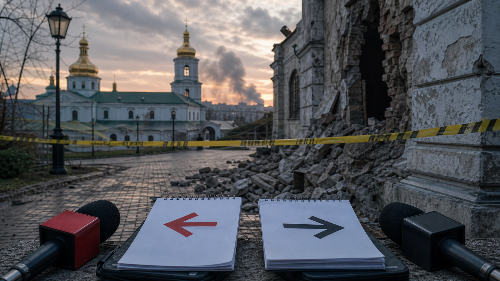 AI-illustratie van een beschadigde historische plek in Kyiv met persnotities over claims en tegenclaims.