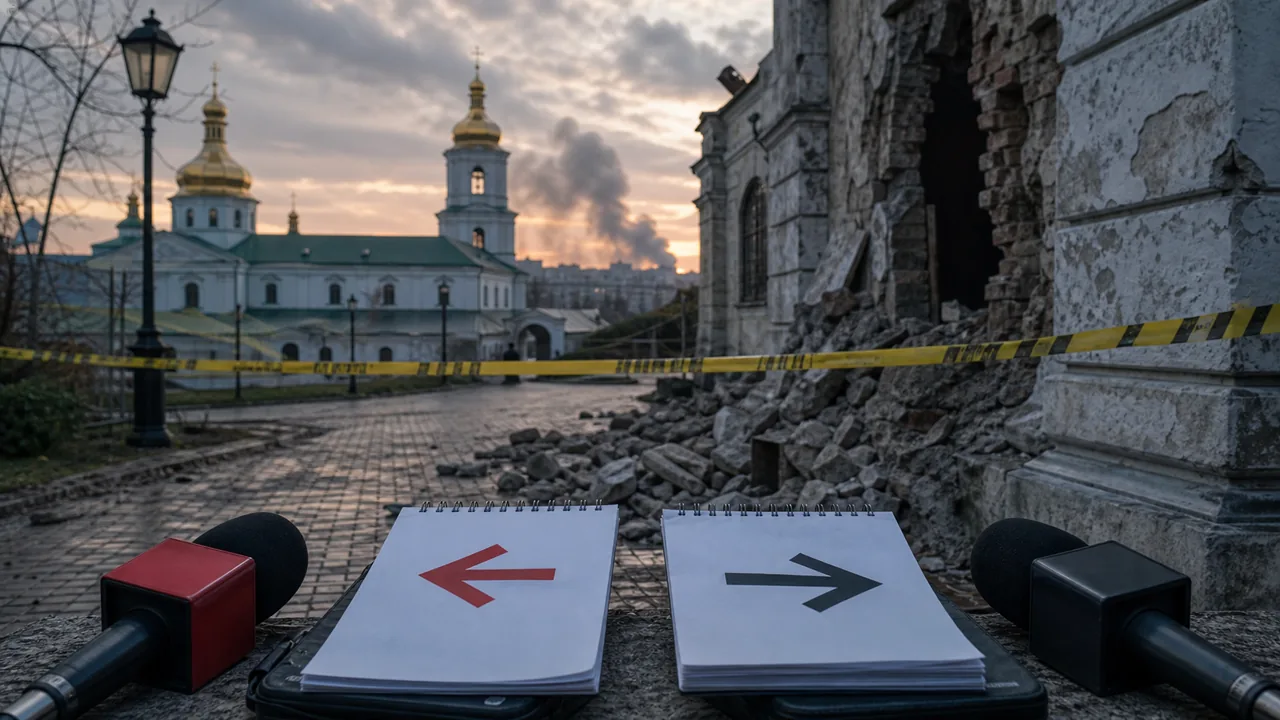 AI-illustratie van een beschadigde historische plek in Kyiv met persnotities over claims en tegenclaims.