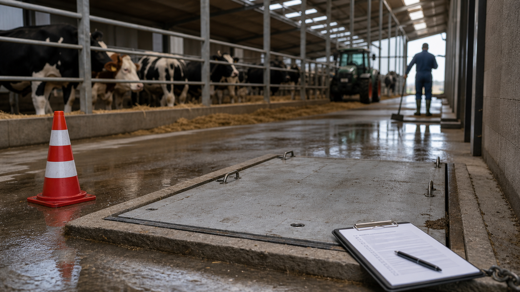 AI-illustratie van een stalvloer met afgedekte mestput en veiligheidsmarkering.