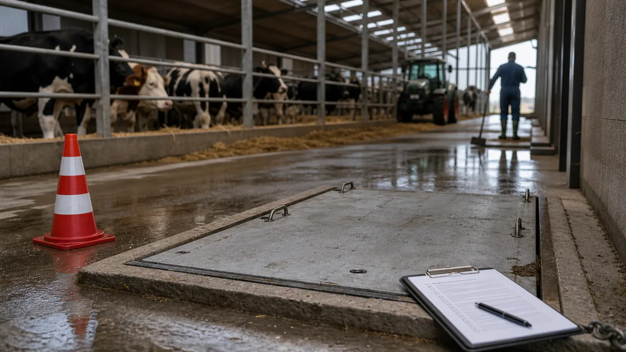 AI-illustratie van een stalvloer met afgedekte mestput en veiligheidsmarkering.