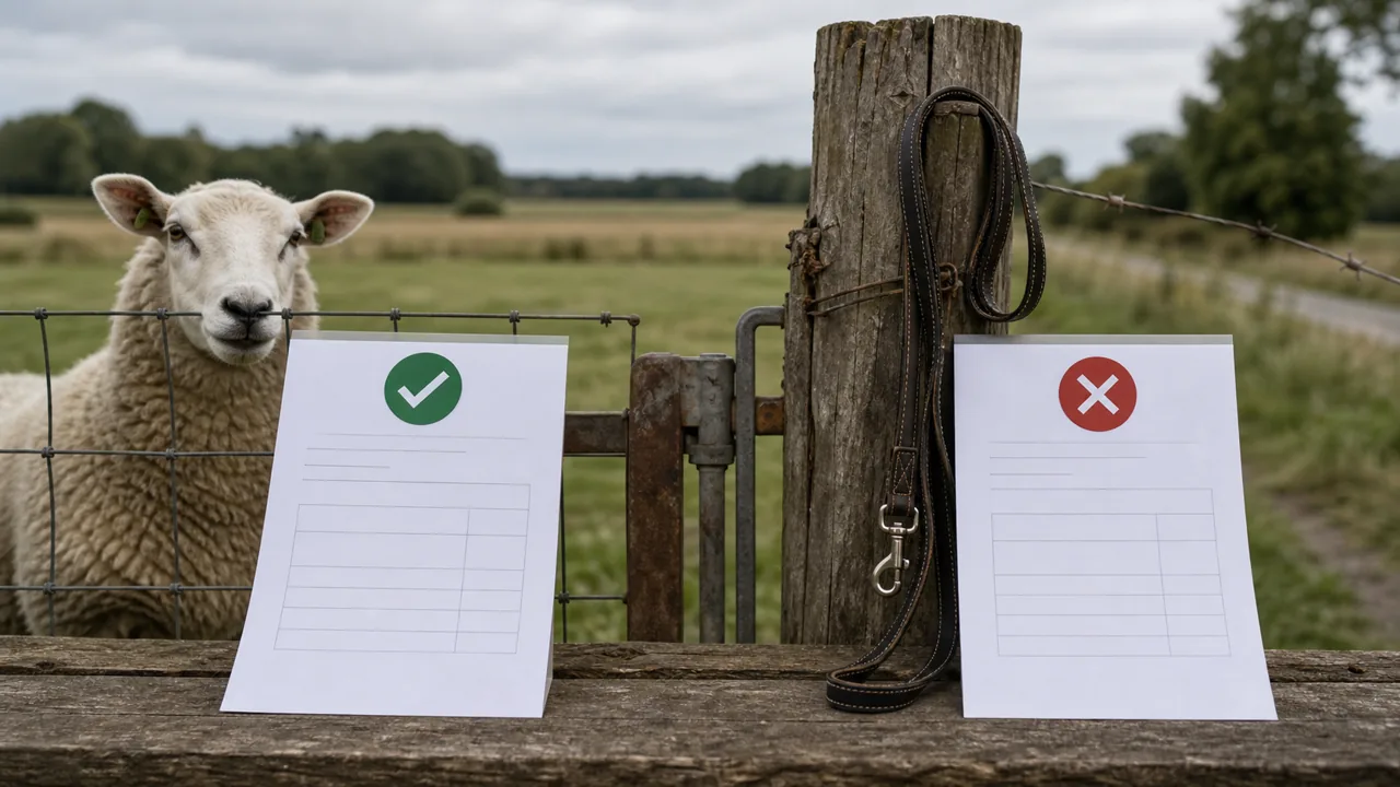 AI-illustratie van een weiland met schaap, hondenriem en schadeformulieren.