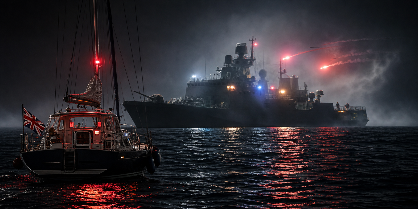 Foto AI di un piccolo yacht nelle acque nebbiose del canale notturno con una nave da guerra russa scura in lontananza e luci di avvertimento luminose, come immagine di un teso confronto marittimo.