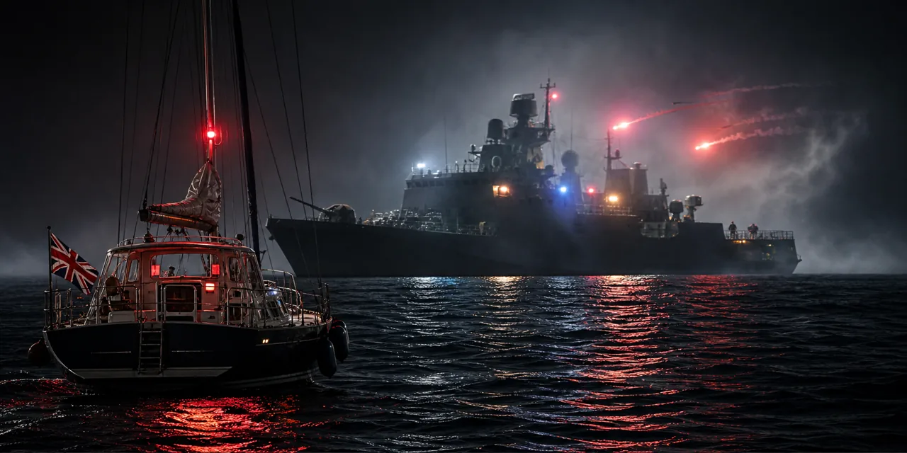 AI-foto van een kleine jacht in mistig nachtelijk Kanaalwater met op afstand een donker Russisch oorlogsschip en felle waarschuwingslichten, als beeld voor gespannen maritieme confrontatie.