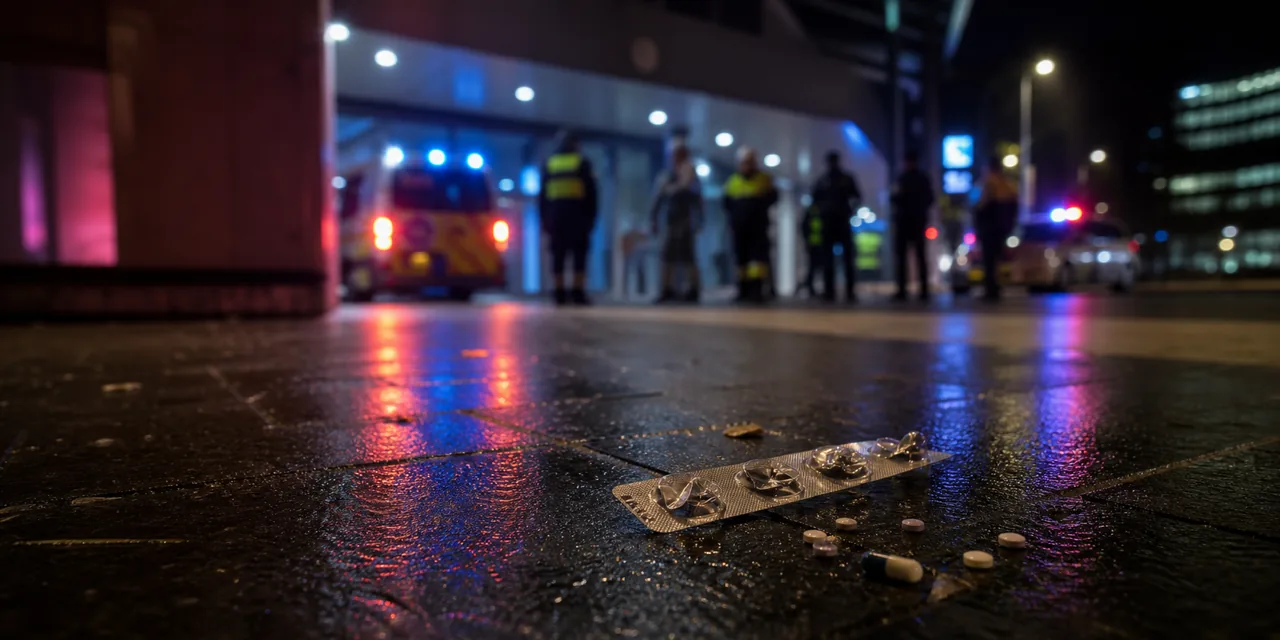AI-foto van een nat trottoir bij een Europese spoedpost met pillen op de voorgrond en hulpdiensten in de achtergrond, als beeld voor een groeiende drugscrisis in Europa.