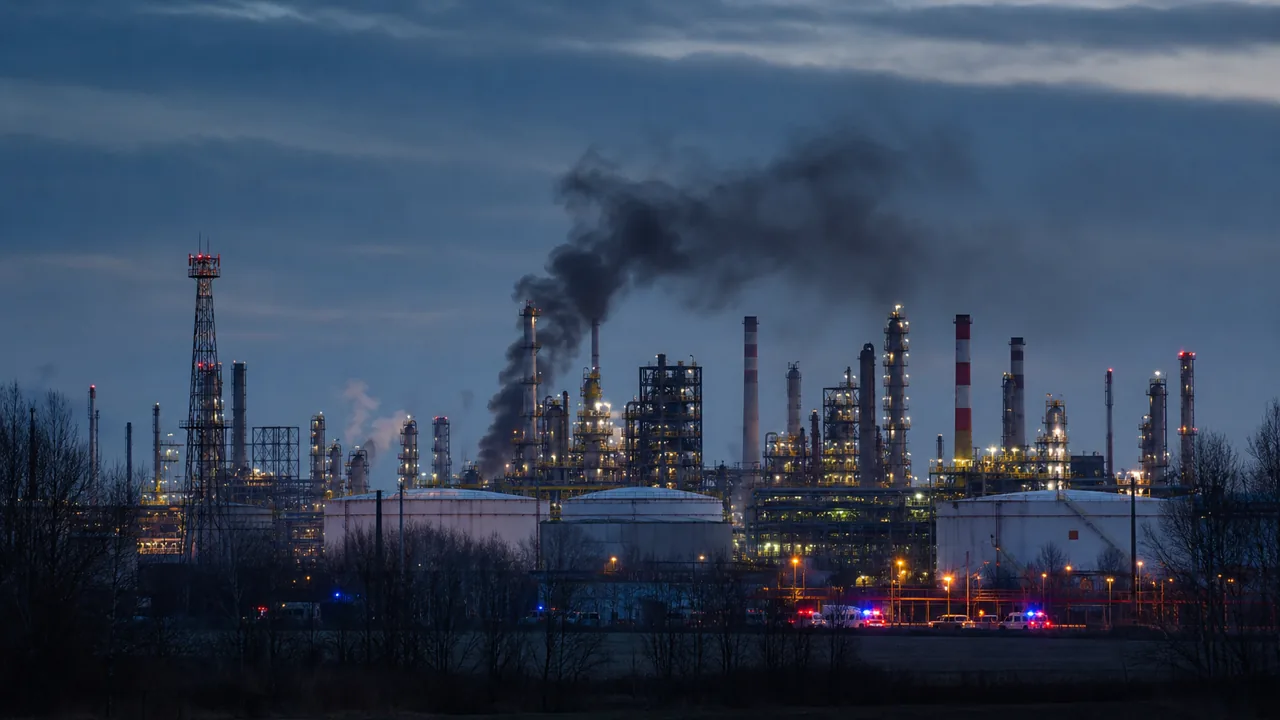 AI-foto van een raffinaderij in de nacht met noodlichten en dreiging in de lucht, als beeld voor een aanval op energie-infrastructuur rond Moskou.