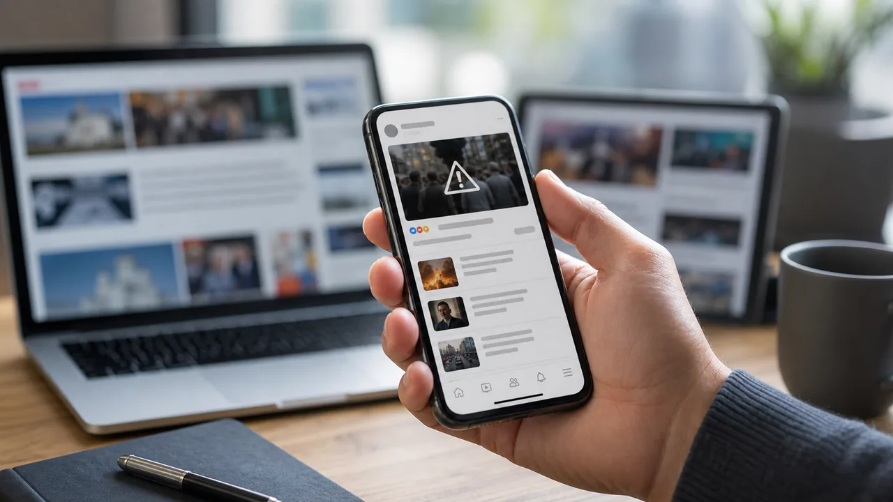 AI-foto van een smartphone met nieuwsfeed in een donkere omgeving, als beeld voor nieuwsgebruik via sociale media en afnemend vertrouwen.