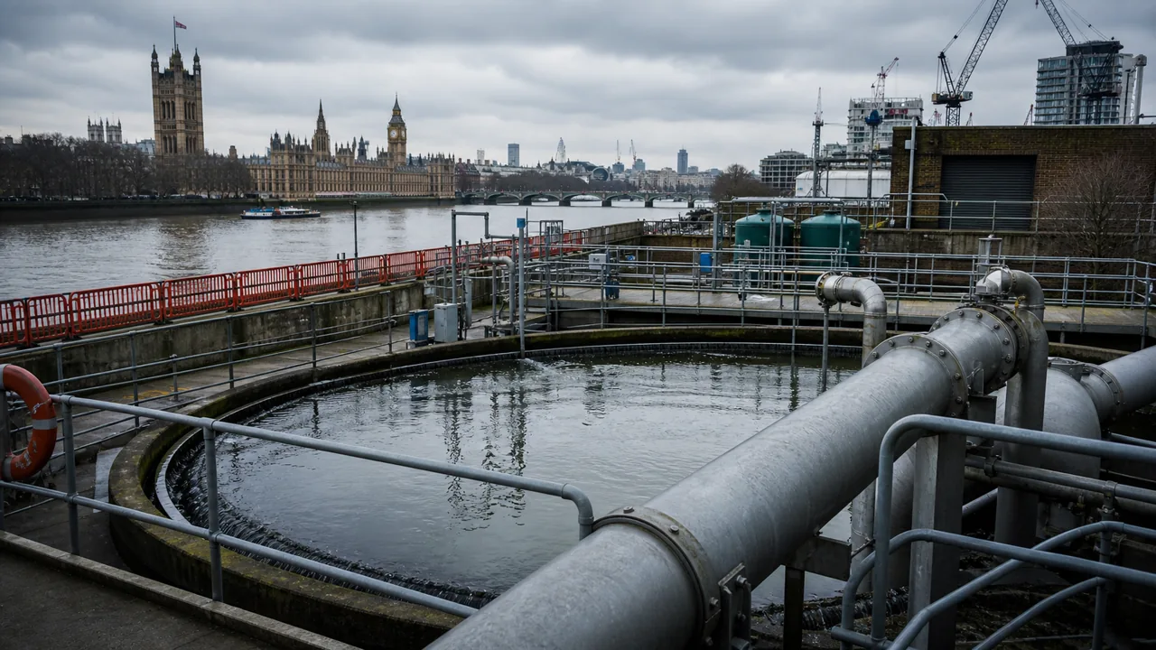 AI-foto van waterinfrastructuur in Londen met grauwe lucht en gespannen sfeer, als beeld voor de crisis rond Thames Water.
