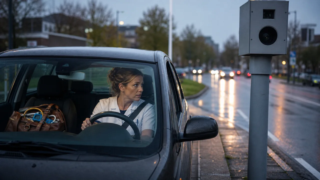 AI-foto van een auto in nachtelijk verkeer met medische tas en spoedgevoel, als beeld voor een verloskundige onderweg naar een bevalling.