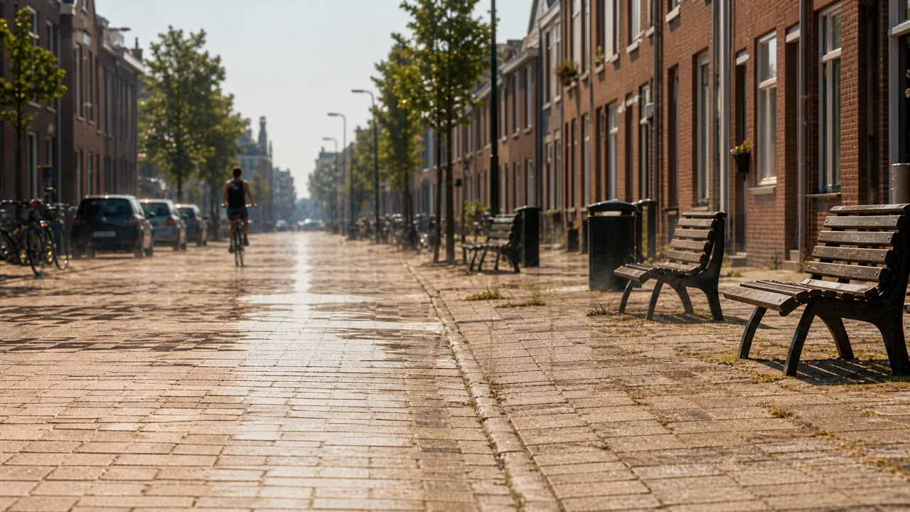 AI-foto van een versteende woonstraat in hitte met weinig schaduw en warme gloed, als beeld voor hittestress in Nederlandse buurten.