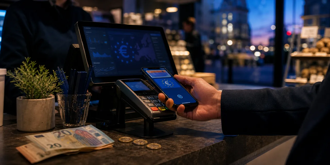 AI-foto van een Europese toonbankbetaling met smartphone, betaalterminal, munten en bankbiljetten naast elkaar, als beeld voor de digitale euro naast contant geld.