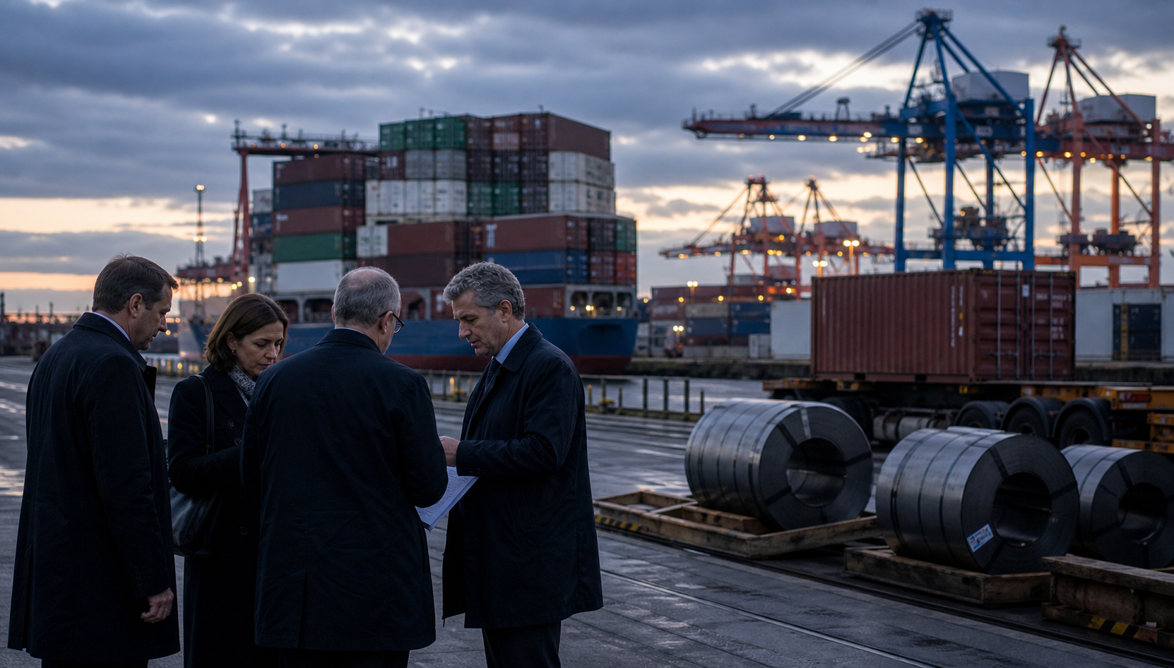 Zdjęcie AI przedstawiające europejski port z kontenerami, zwojami stali i urzędnikami konsultingowymi jako obraz ostrzejszego stanowiska UE wobec chińskiej presji handlowej.