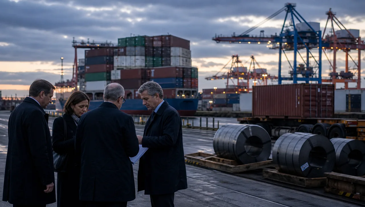 AI-foto van een Europese haven met containers, staalrollen en overleggende functionarissen als beeld bij de hardere EU-koers tegenover Chinese handelsdruk.
