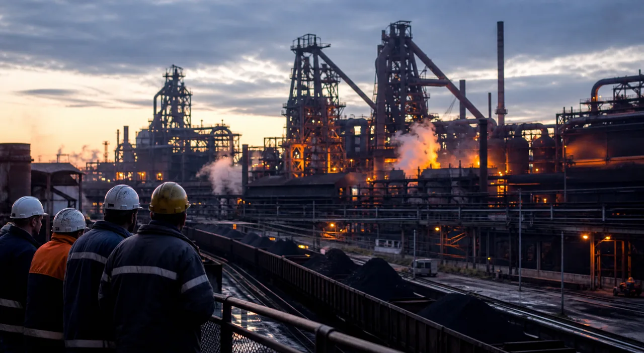 AI-foto van een Europese staalfabriek bij avondlicht met arbeiders op de voorgrond, als beeld bij de spanning tussen emissiehandel, banen en industriële productie.