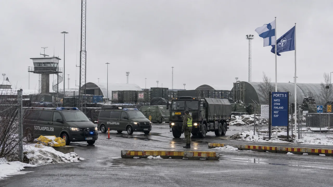 AI-foto van een streng bewaakt noordelijk logistiek terrein met moderne infrastructuur en transportcontainers als beeld bij Finlands nieuwe ruimte voor vervoer en opslag van kernwapens.