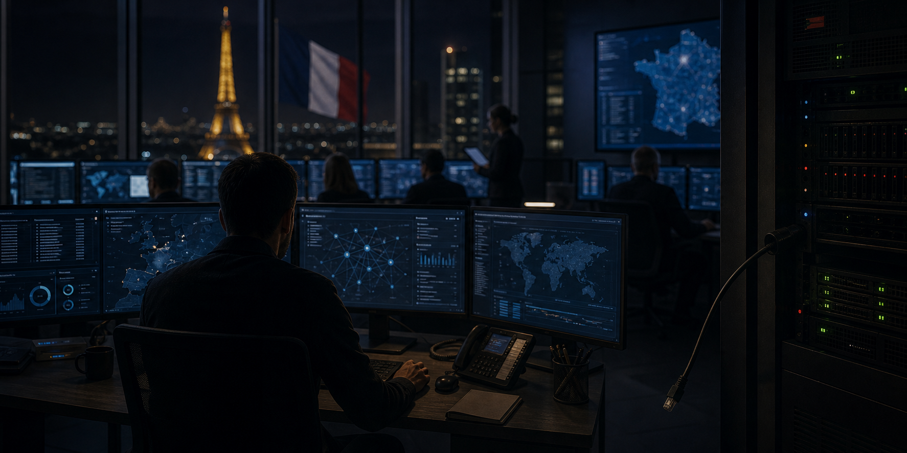 AI-foto van een nachtelijke Franse overheidswerkruimte met dataschermen, serverkasten en gespannen overstapsfeer, als beeld voor de vervanging van Palantir door een Frans alternatief.