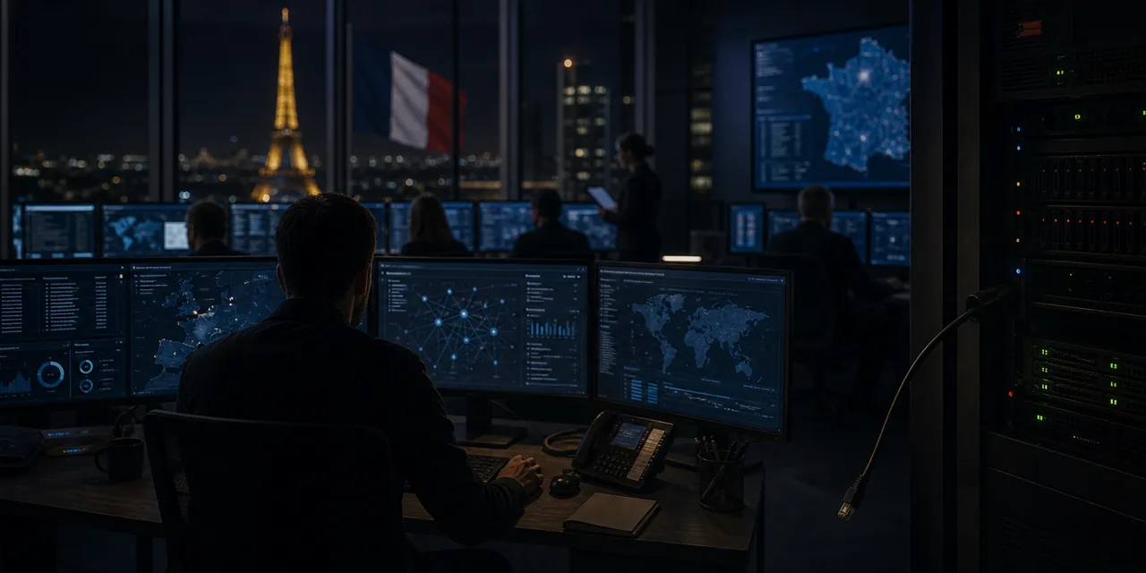 AI-foto van een nachtelijke Franse overheidswerkruimte met dataschermen, serverkasten en gespannen overstapsfeer, als beeld voor de vervanging van Palantir door een Frans alternatief.