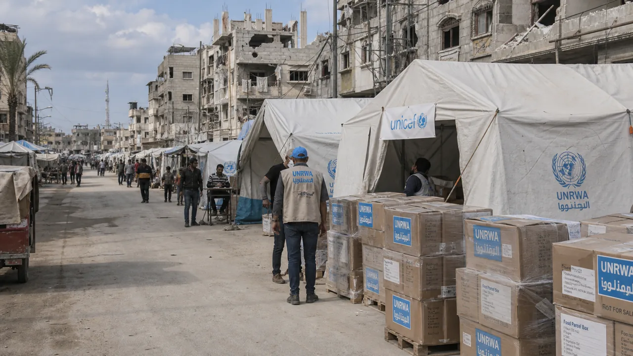 AI-foto van een hulpgebied met tenten, voorraden en beschadigde gebouwen in Gaza als beeld bij de kwetsbaarheid van een bestand zonder lokale veiligheid.