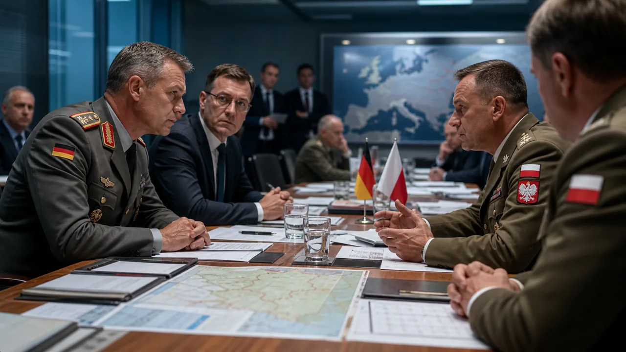 AI-foto van een gespannen Europees defensieoverleg met Duitse en Poolse militaire documenten, uniformdetails en een kaart van de NAVO-oostflank op tafel, als beeld voor het nieuwe Duits-Poolse defensieakkoord.