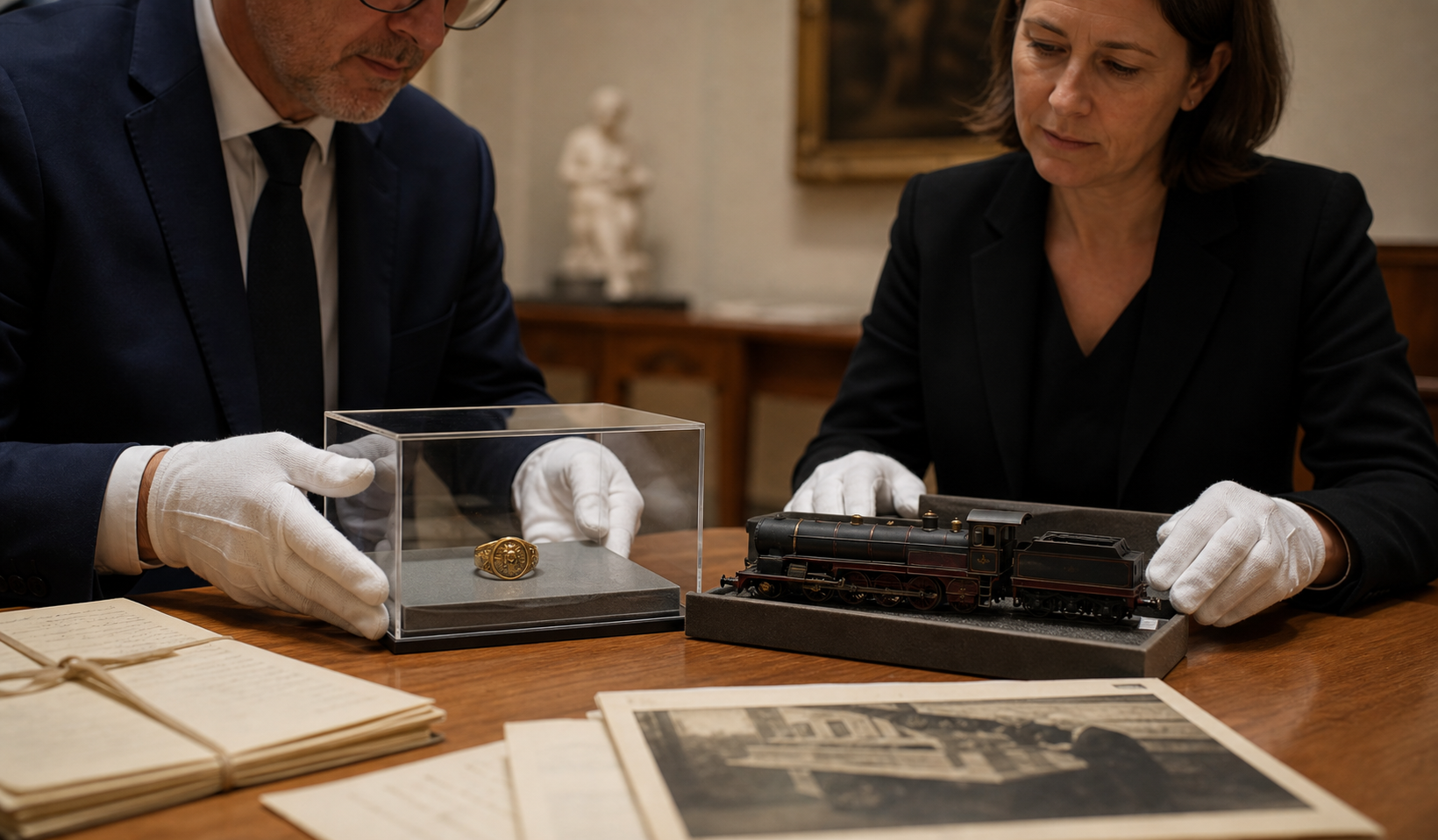 KI-Foto einer stillen Museums- oder Archivübergabe mit Handschuhen, Dokumenten, einem Goldring und historischen Eisenbahnmodellen als Abbild der deutschen Restitution an Polen.
