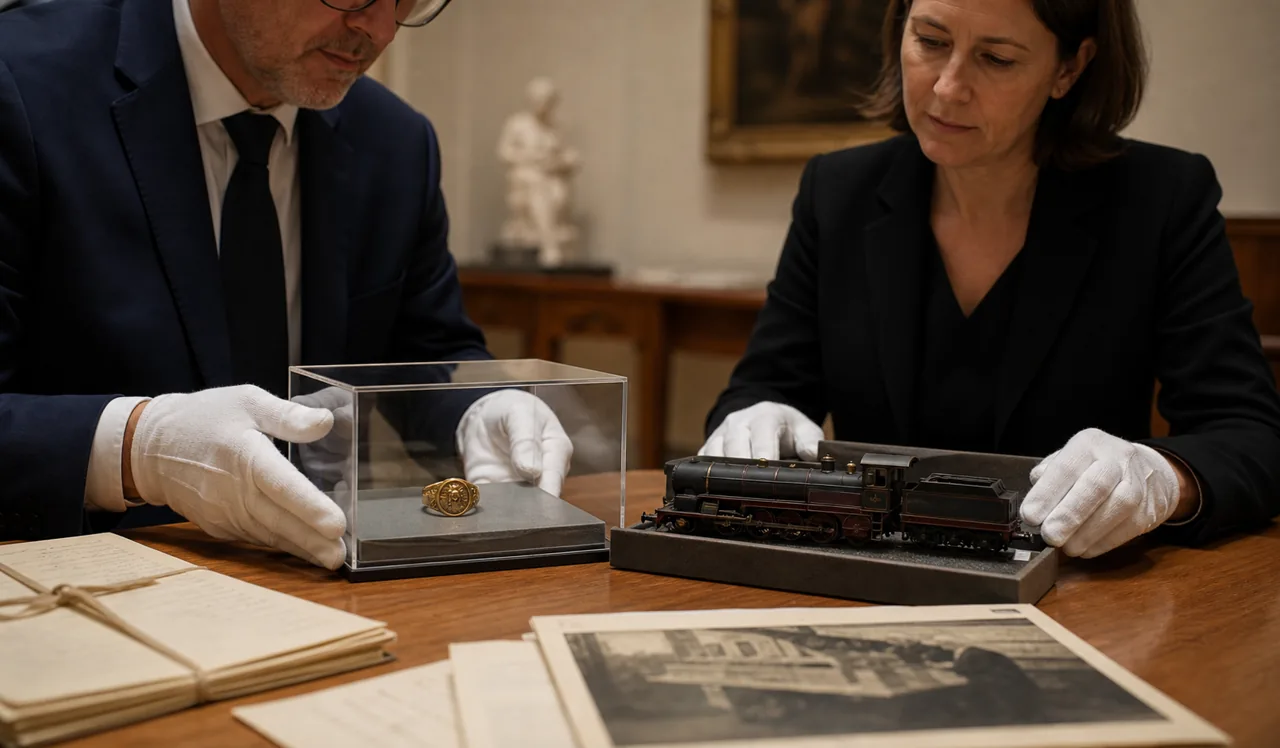 AI-foto van een rustige museum- of archiefoverdracht met handschoenen, documenten, een gouden ring en historische treinmodellen als beeld bij Duitse restitutie aan Polen.