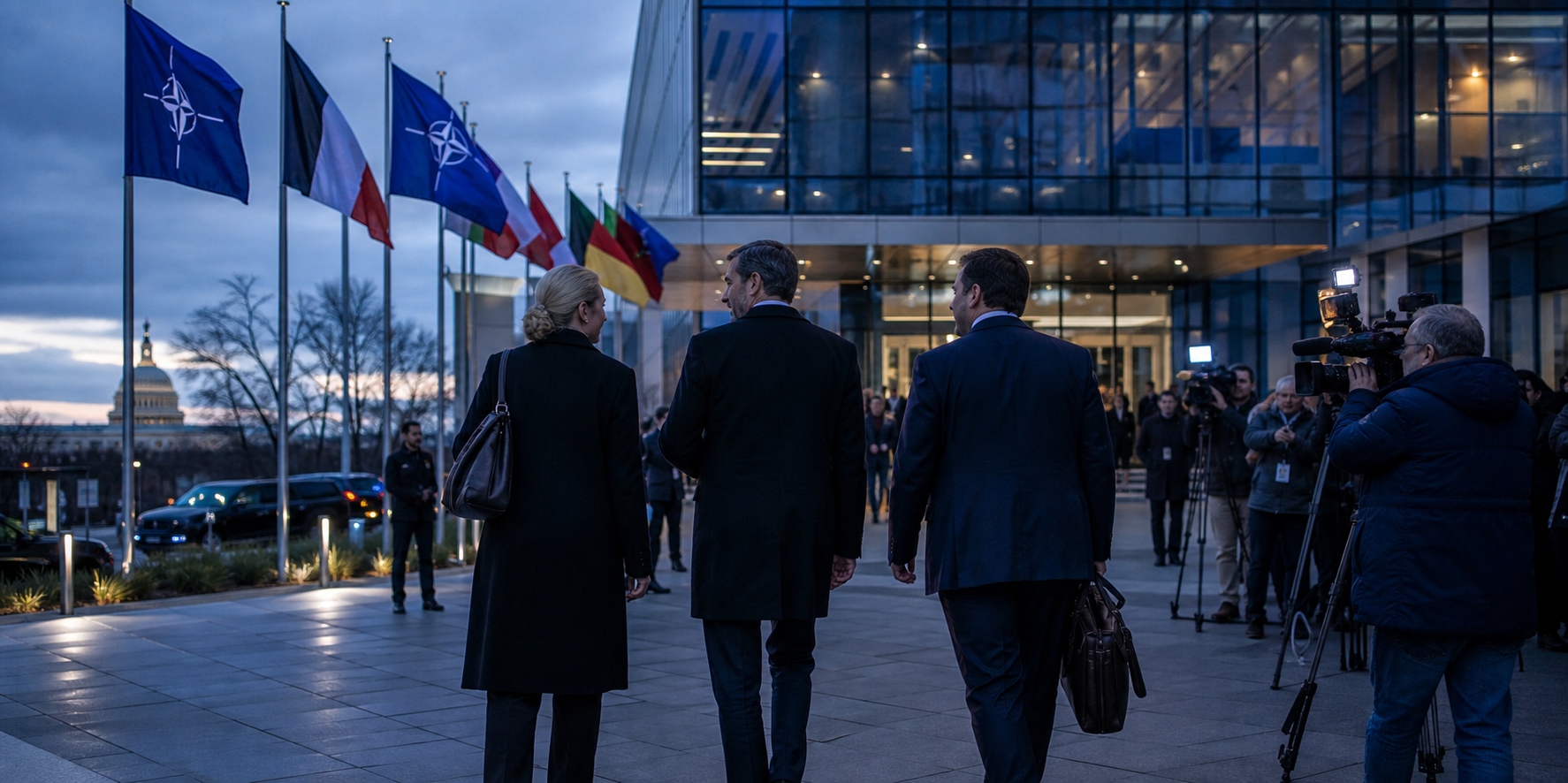 KI-Foto eines NATO-Standorts in Washington im Abendlicht, mit Flaggen, Presse und einer Delegation im Gespräch als Bild der zunehmenden Spannungen im Bündnis.