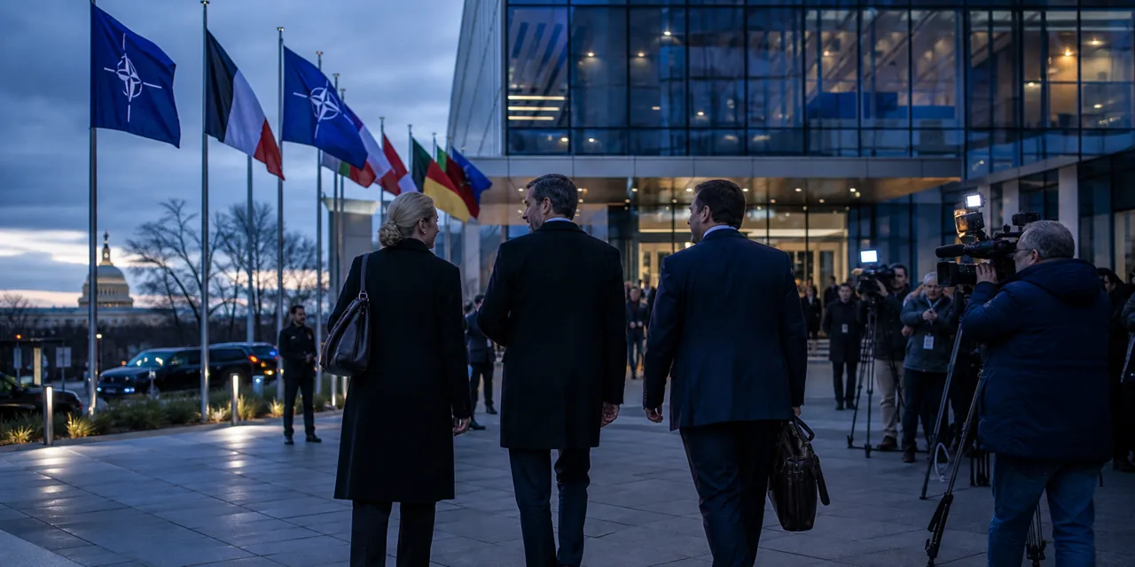 AI-foto van een NAVO-locatie in Washington bij avondlicht, met vlaggen, pers en een delegatie in gesprek als beeld bij oplopende bondgenootschapsspanning.