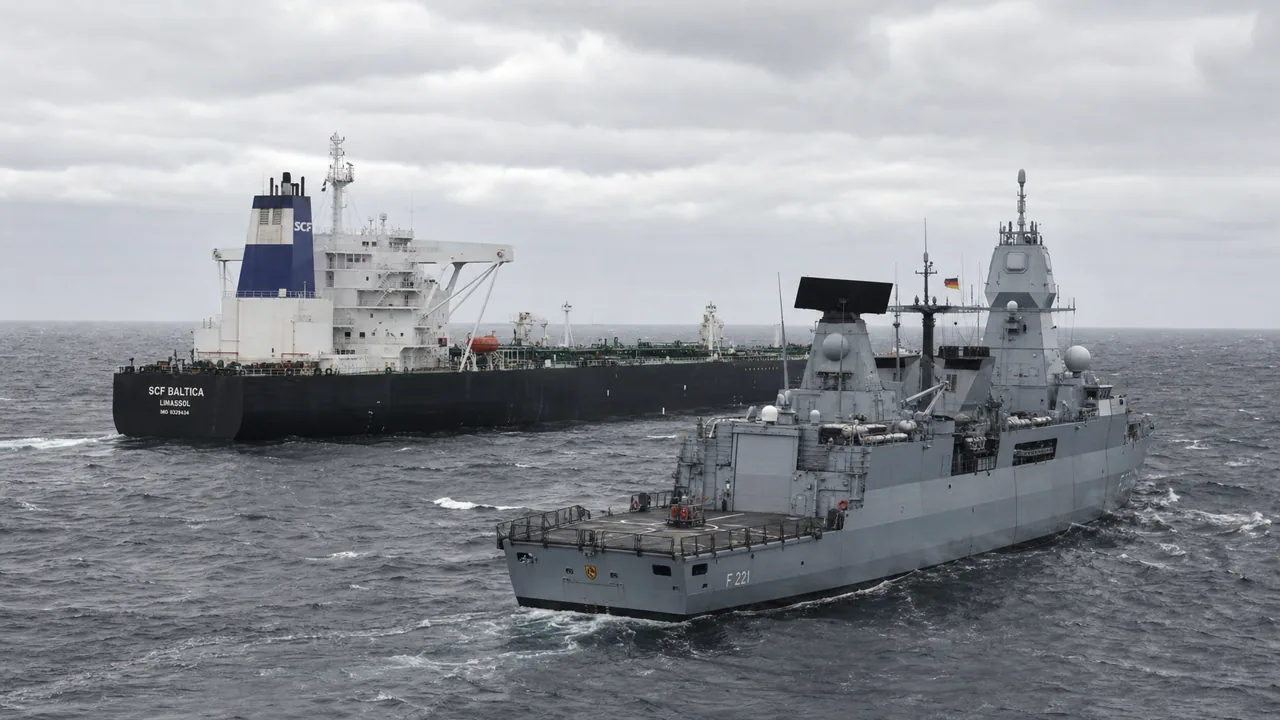AI-foto van een grote olietanker op grijze zee met een modern Europees marineschip ernaast als beeld bij de jacht op de Russische schaduwvloot.