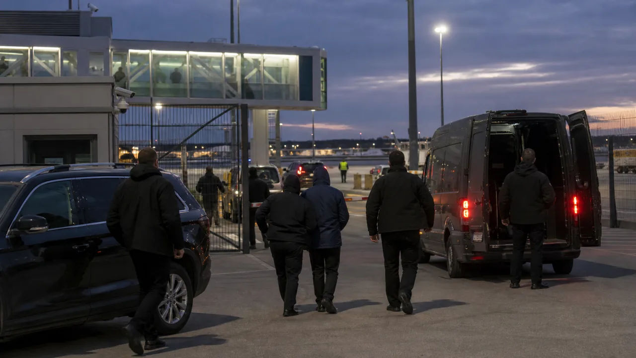 AI-foto van een streng bewaakte luchthaventransfer met politievoertuigen en justitiepersoneel als beeld bij de uitlevering van een verdachte aan Curaçao.