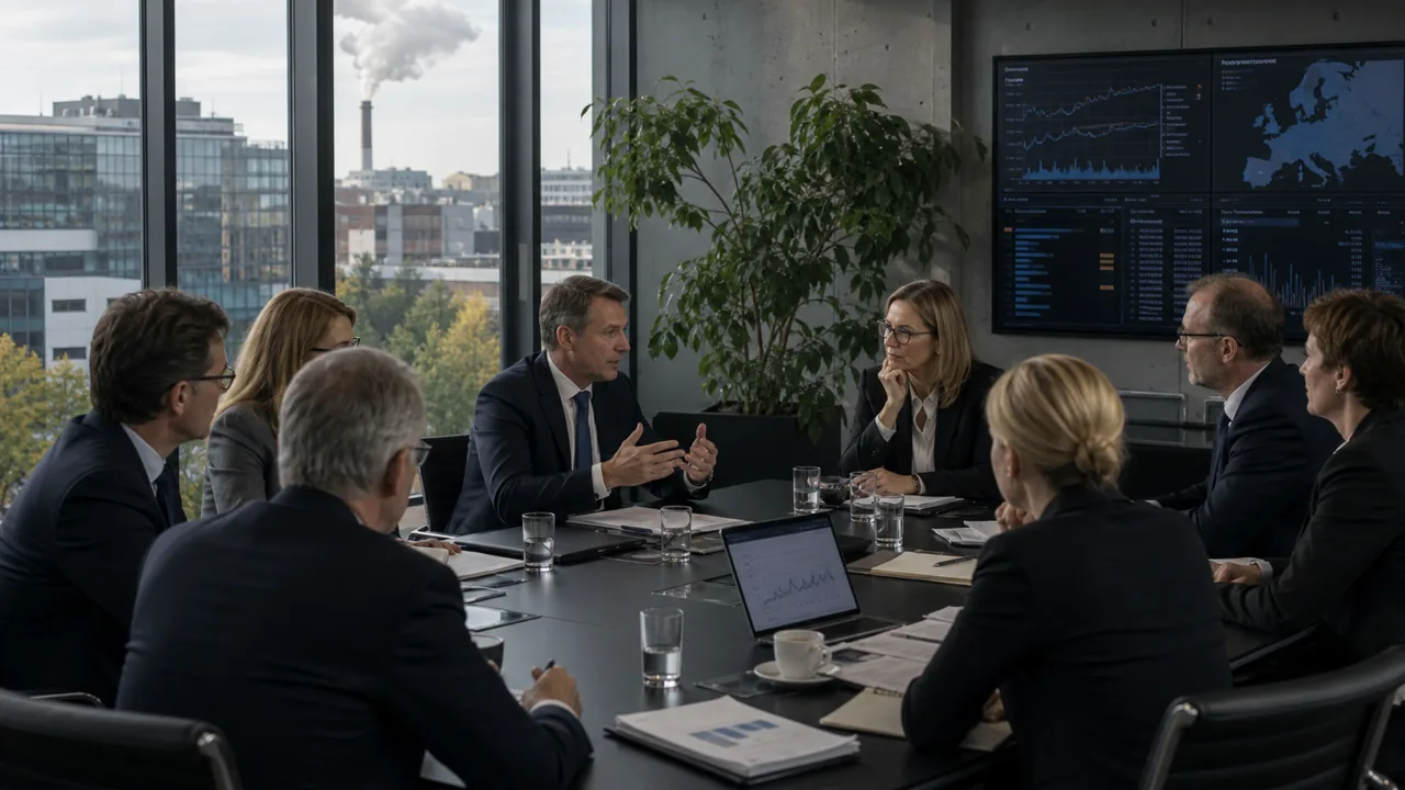 AI-foto van een modern Europees beleidsoverleg met adviseurs, schermen en economische dossiers als beeld bij het debat over Europese concurrentiekracht.