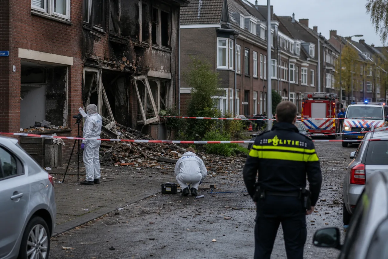AI-foto van een Amsterdamse woonstraat na een explosie met afzetlint, forensische onderzoekers en beschadigde gevels als beeld bij het lopende strafrechtelijke onderzoek.