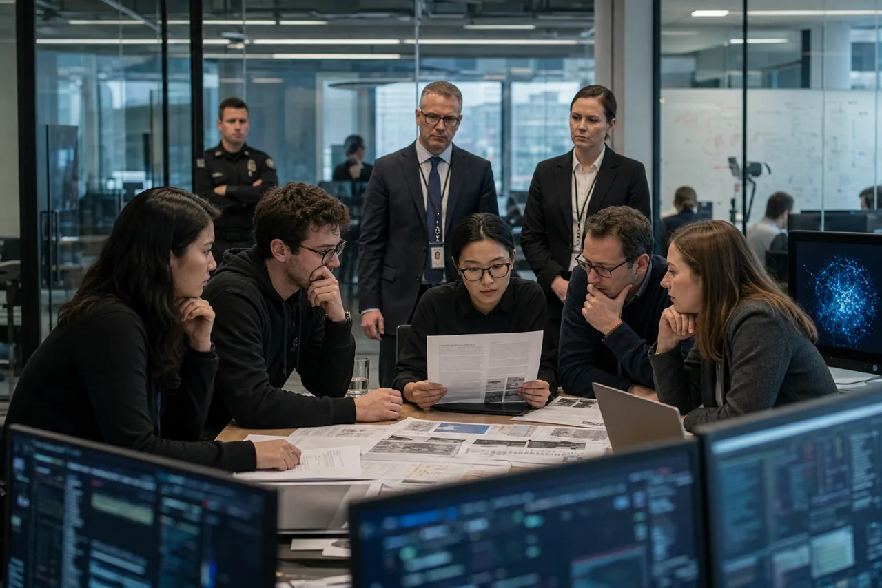 AI-foto van een moderne AI-werkvloer waar engineers en beleidsmedewerkers in gespannen overleg zijn rond schermen en documenten als beeld bij bestuurlijke druk op een AI-bedrijf.