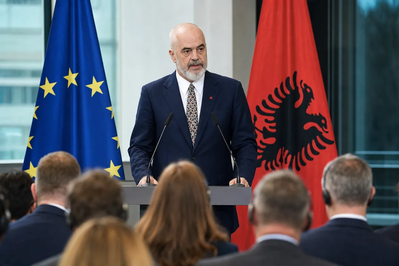 AI-foto van een realistische Europese conferentiesetting in Berlijn met Edi Rama aan een spreekgestoelte, EU- en Albanese vlaggen en aanwezige pers als beeld bij zijn oproep over Europa.