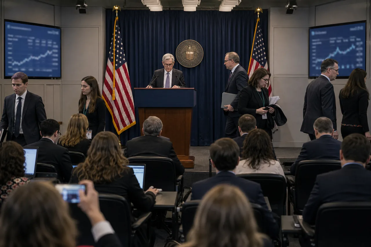 AI-foto van een centrale-bankpersruimte in Washington na een rentebesluit, met journalisten, schermen en beleidsmedewerkers in een beheerste financiële nieuwssfeer.