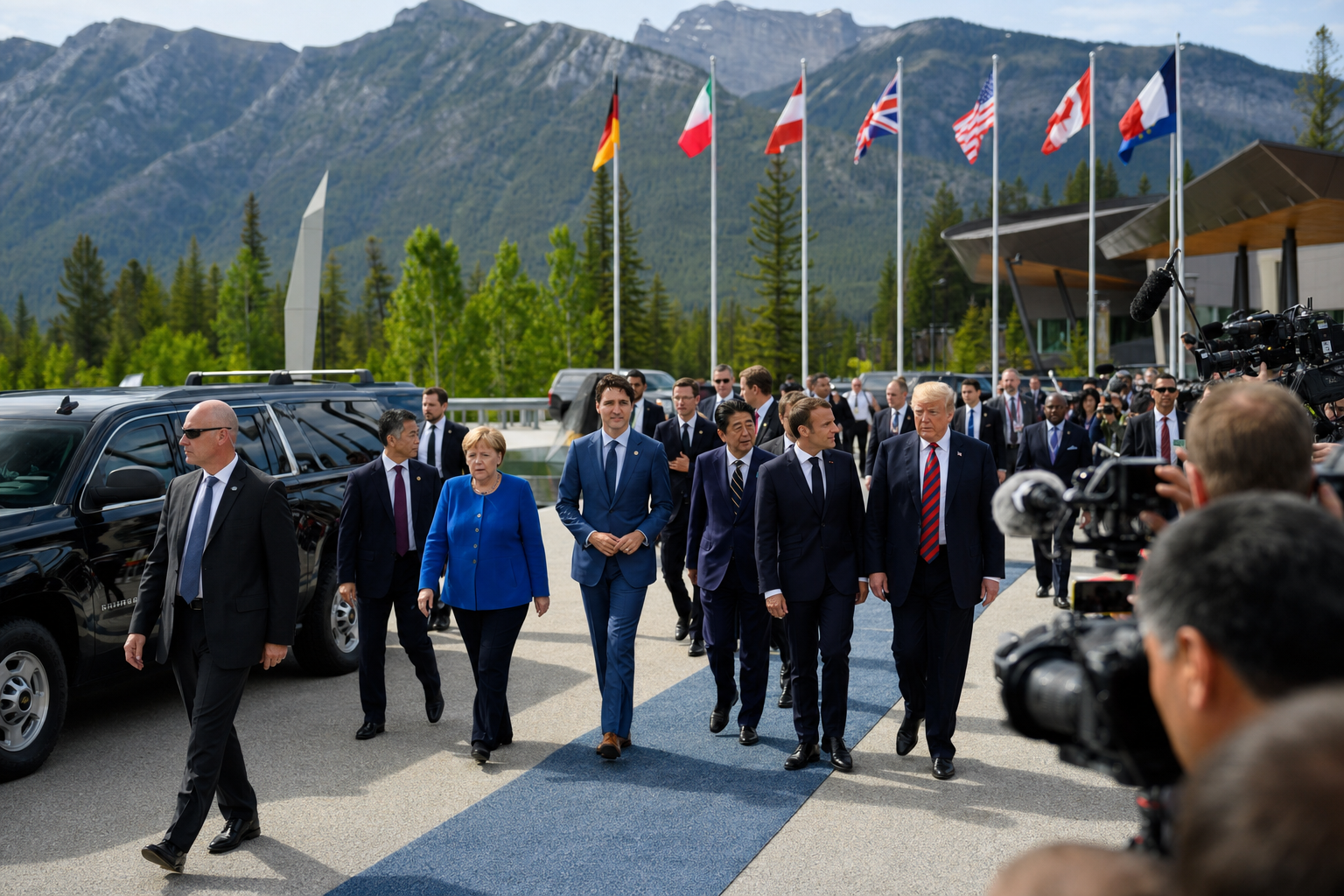 Foto AI di una posizione realistica del vertice del G7 con stampa, sicurezza, bandiere e delegazioni imminenti come immagine in un vertice internazionale fragile ma produttivo.