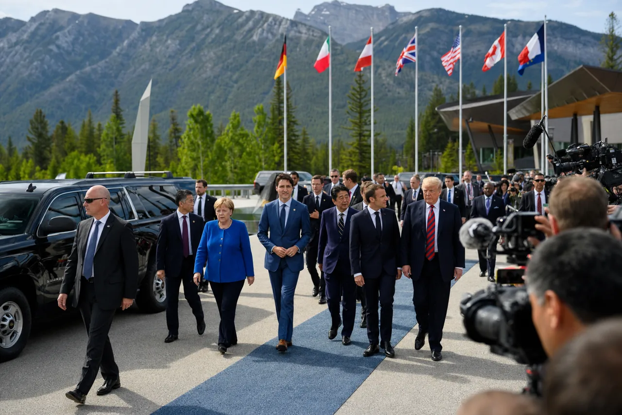 AI-foto van een realistische G7-toplocatie met pers, beveiliging, vlaggen en aankomende delegaties als beeld bij een fragiele maar productieve internationale top.