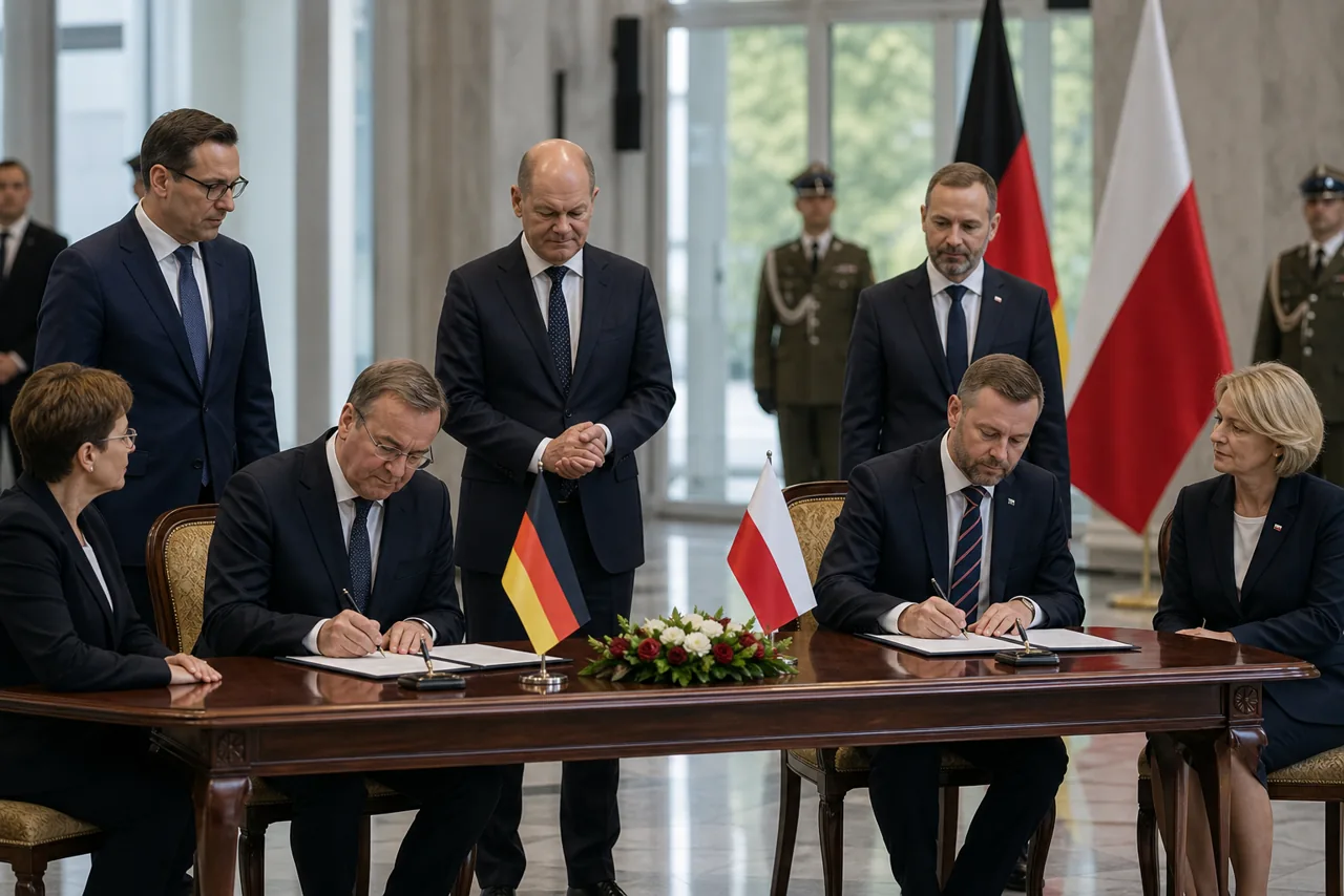 AI-foto van een formeel ondertekenmoment tussen Duitse en Poolse delegaties in Warschau met vlaggen en documenten als beeld bij een nieuw defensieakkoord.