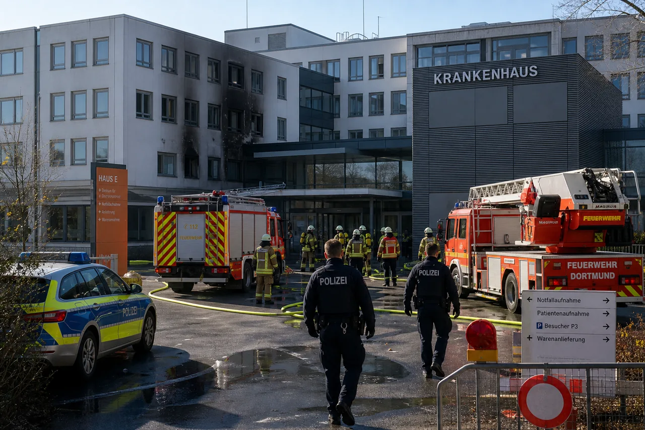 AI-foto van een Duits ziekenhuis na een beperkte brand met brandweer, politie en lichte rookschade rond een vleugel als beeld bij het incident in het Harzklinikum.