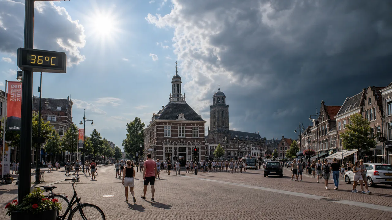 AI-foto van een warme Nederlandse straat met zomerse hitte en donkere onweerswolken in de verte als beeld bij snel omslaand zomerweer.