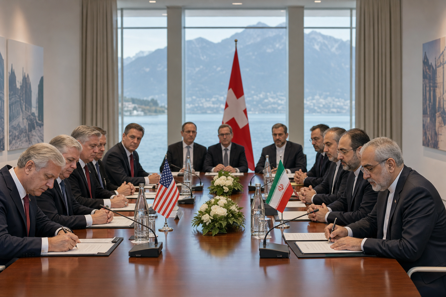 AI-foto van een diplomatiek ondertekenmoment in Zwitserland met Amerikaanse en Iraanse delegaties, documenten en microfoons als beeld bij de nieuwe deal.
